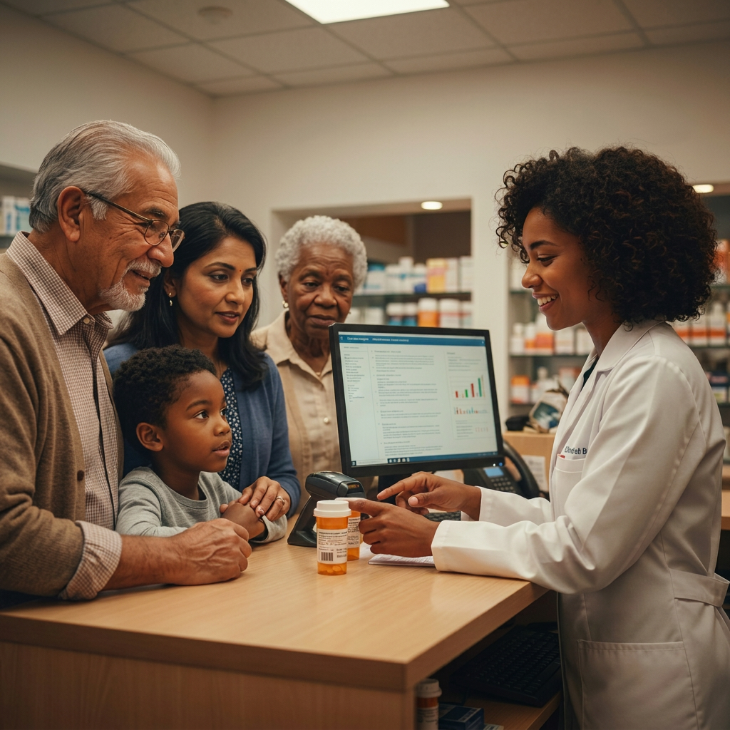 A friendly community pharmacist in a white coat smiling and attentively helping an elderly couple at the pharmacy counter. The pharmacist is pointing to a prescription label and explaining medication instructions. The counter is clean and organized with a few amber pill bottles and a computer screen. Warm, professional lighting. Photorealistic, diverse characters, trustworthy and caring atmosphere. Shot at eye level from the customer side of the counter.