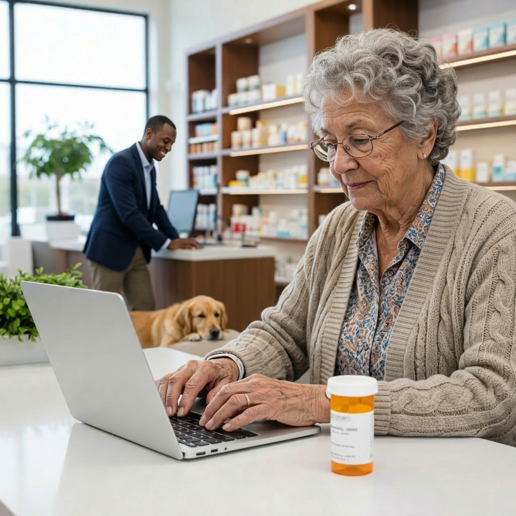 Cost-saving generic medication bottles A friendly adult patient sitting at a table using a laptop, with a prescription medication bottle clearly visible next to the computer. Clean, bright, professional pharmacy setting, diverse representation, modern and trustworthy look.