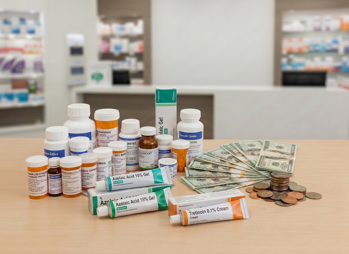 money-saving-medications-no-sign A clean, professional, landscape image showing prescription medicine bottles and pill containers arranged neatly alongside original U.S. dollar bills and coins to represent saving money on medications. No people and no signs or text such as 'Healthy Savings' are visible. The scene is bright and welcoming with a simple pharmacy or medical background and a trustworthy, healthcare-focused look.