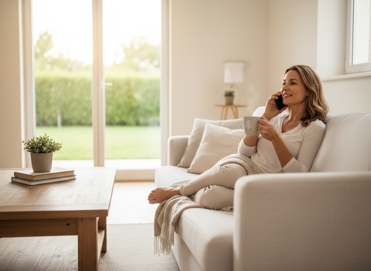 Photo-realistic landscape image of a relaxed adult patient lying on a sofa with a cup of coffee, talking on a phone in a warm, welcoming home setting. Clean, calm, and reassuring mood suitable for a pharmacy contact page.