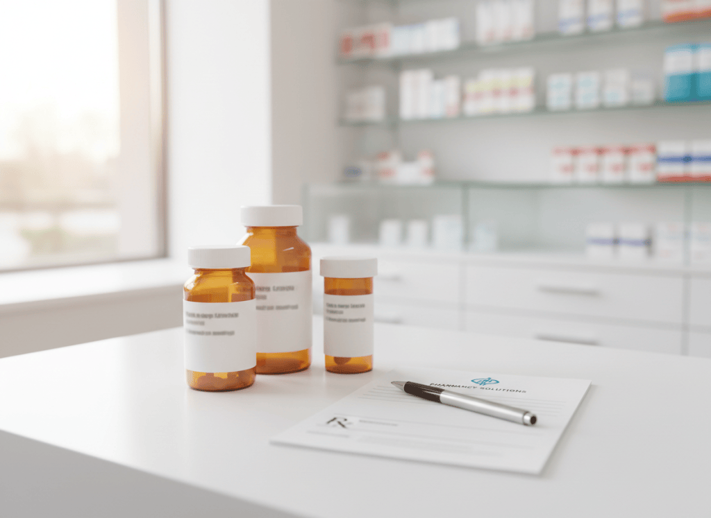 A clean, professional photo of a few prescription medication bottles and a prescription pad on a white surface, pharmacy setting, soft natural lighting, minimal and tidy arrangement